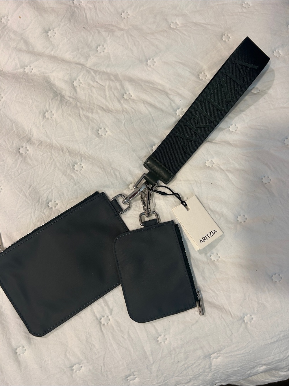 Aritzia Dark Green Nylon Wristlet with Dual Zip Pouches